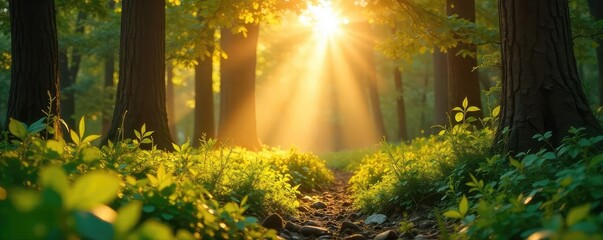 Warm sunlight streams through leaves, creating a dappled, golden glow on the forest floor Perfect for nature, serenity, and wellness themes , wellness, relaxing, shadows