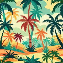 Tropical palm tree pattern with sunset colors and beach background.