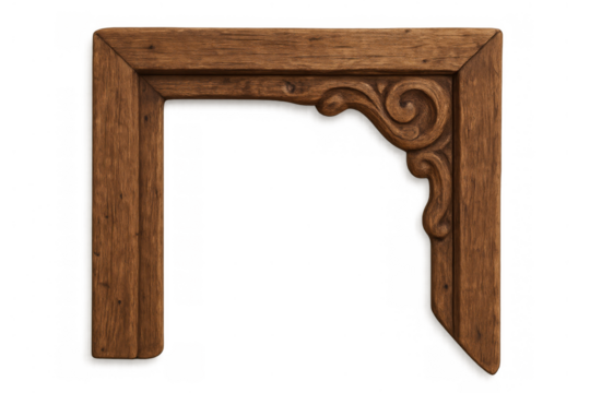 Ornate carved wooden frame forming an arch with rustic texture, decorative scrollwork, and transparent background