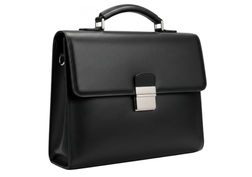 Elegant black leather briefcase with silver buckle and sturdy handle isolated on transparent background