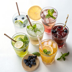 Fresh summer refreshment of healthy fruit salad, cold green mojito, and sweet lemonade with lime, mint, and ice in a glass