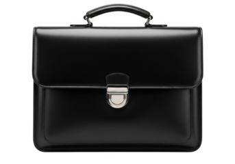 A sleek black leather briefcase with a polished silver clasp and sturdy handle presented isolated on transparent background
