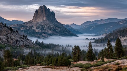Majestic rock formation towering over misty valley during sunrise, surrounded by lush trees and mountain ranges under dramatic cloudy sky