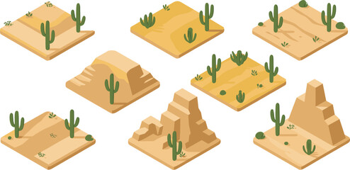 isometric desert landscape tiles set, 3d sand terrain with cactus plants, arid environment illustration, dry nature scene, minimal vector design