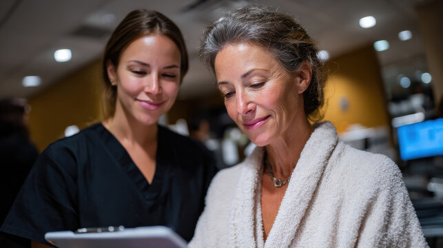 Laser Treatment Preparation Scene. A woman engaging with a skincare expert during an informative session, demonstrating the importance of education and personalized attention 