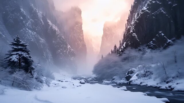 A digital artwork depicting a serene winter landscape with snowcovered mountains and a misty atmosphere. The style is realistic with a touch of fantasy.