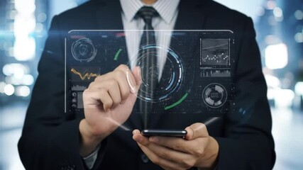 Businessman Interacting with Holographic Digital Interface — Futuristic Technology Interaction, Artificial Intelligence Innovation, and Virtual Data Visualization in Modern Business. - Powered by Adobe