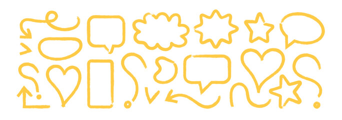 Set of hand drawn elements. Speech bubbles, stars, line, arrow, swirls, lightning minimal icons for comics and media. doodle marker drawing. Vector set