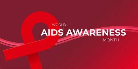 World AIDS awareness month banner with red ribbon. World HIV awareness month starts in December. Red ribbon with text isolated on red background. World AIDS Day December 1st