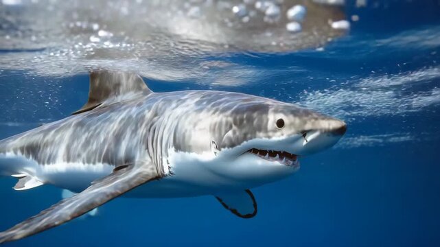67Great white shark moving toward lens in crystal-clear water, sunlight scattering on dorsal fin and sleek metallic skin