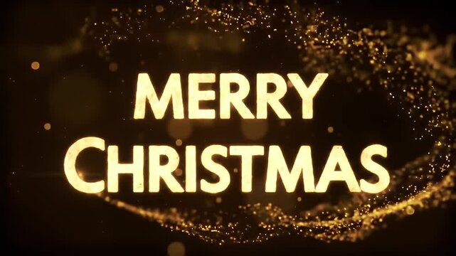 Merry Christmas text animation with a swirling golden particle trail on a black background