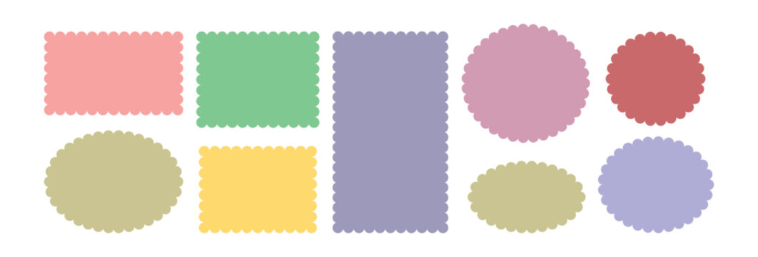 Set of colorful zigzag edges. Silhouette stickers circle, square, oval and rectangle labels. Zigzag and colorful Shapes. Cloudy wave curve edge frame vector set