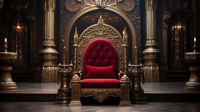 Ornate red throne in a grand palace hall