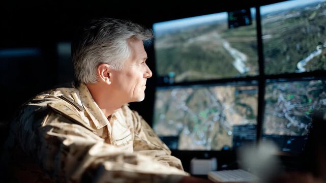 67Veteran army officer leaning forward in concentration, dual monitors showing topographic maps and aerial surveillance feed, mission analysis concept