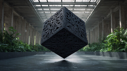 An artistic cubic structure suspended in an open, plant-filled atrium. The cube has intricate patterns and designs on its surface