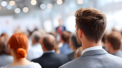 Back view of a man in a grey suit facing a blurred audience during a professional conference  Soft focus background with bright lights creates a modern engaging atmosphere for learning and networking