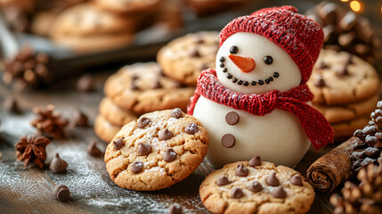 A small snowman wearing a red knitted hat and scarf, with chocolate cookies next to him. The background is decorated with pine cones and snow ornaments. Christmas.