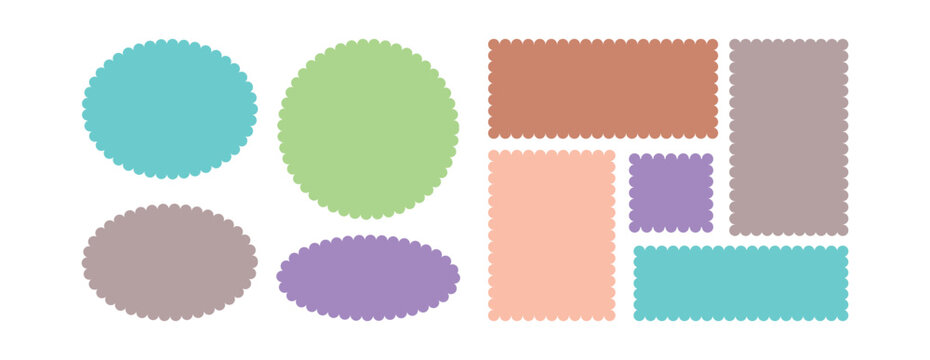Set of colorful zigzag edges. Silhouette stickers circle, square, oval and rectangle labels. Zigzag and colorful Shapes. Cloudy wave curve edge frame vector set