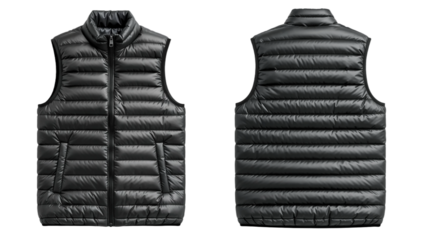 Black puffer vest mockup, front and back view, sleeveless jacket. Isolated on transparent background