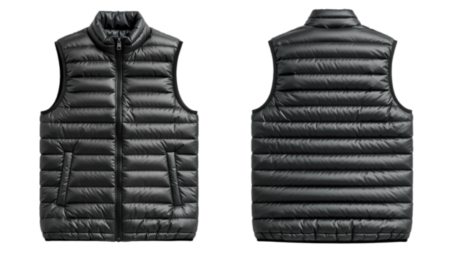 Black puffer vest mockup, front and back view, sleeveless jacket. Isolated on transparent background
