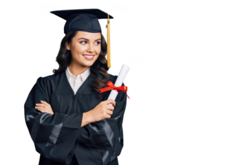Smiling young woman in graduation gown and cap holding diploma scroll with red ribbon isolated on transparent background