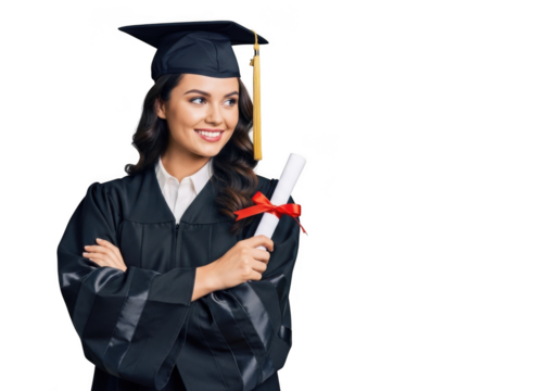 Smiling young woman in graduation gown and cap holding diploma scroll with red ribbon isolated on transparent background