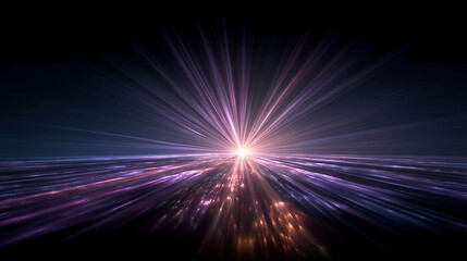 Bright beams of blue, purple, and orange light radiate from the center.