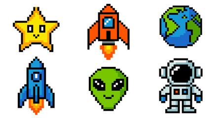 Pixel art space icons set with star, rockets, earth, alien head, and astronaut in bright retro arcade style