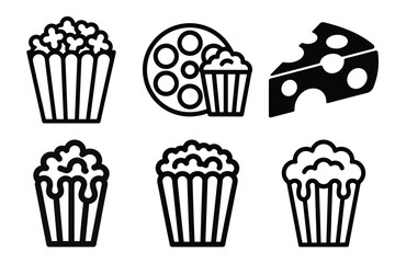 Set of popcorn, film reel and cheese snack icons for cinema and entertainment