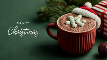 A mug of hot chocolate decorated with a Santa hat and marshmallows on top. In the background, there are Christmas tree branches, gifts, and Christmas balls.