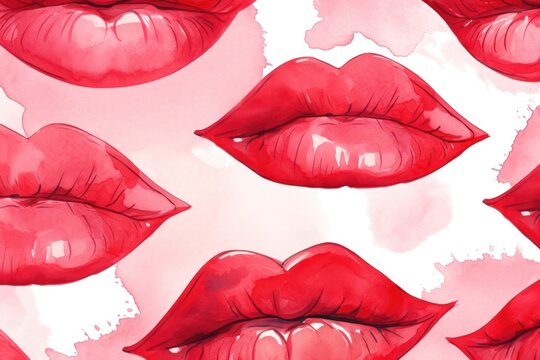 Pattern of hand-painted kiss lips watercolor background art.