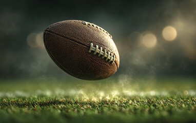 A flying American football ball, floating above the grassy surface.