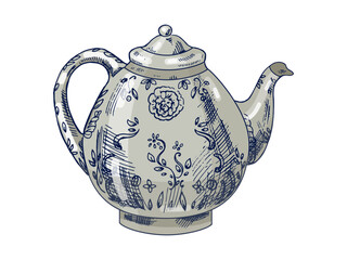 Hand drawn vintage sketch of ornate porcelain teapot with floral decoration in blue color, isolated vector illustration