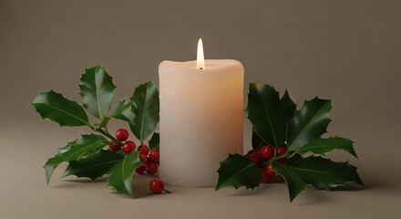 Warm candlelight with festive holly and berries