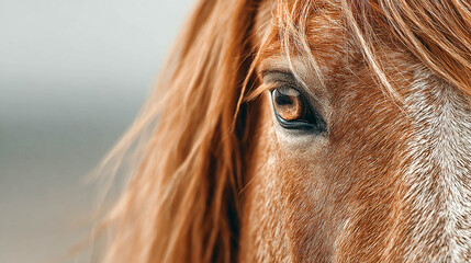 Close-up of a horse's eye. The detailed texture of the fur, pronounced eyelashes, and delicate brown shades around the eye are visible.
