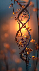 A DNA molecule surrounded by delicate flowers and illuminated by golden light. The DNA helix intertwines with plant elements, creating a sense of unity between science and nature.