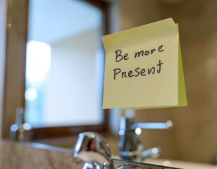 A yellow sticky note with "Be more Present" written on it, stuck on a bathroom mirror above a faucet.