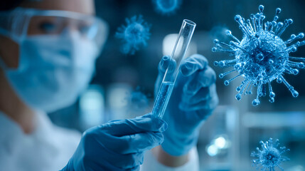 A scientist in a laboratory holding a test tube. Close-up of viral particles surrounded by a transparent blue aura.