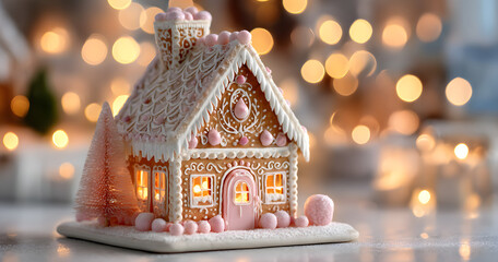 Close up of gingerbread house with pastel pink decor and candles on white table over lights blurred backdrop. Festive and cozy Christmas background.