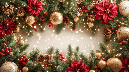 A Christmas arrangement with fir branches framing an open area in the center. Golden Christmas balls, cones, and berries. Christmas.