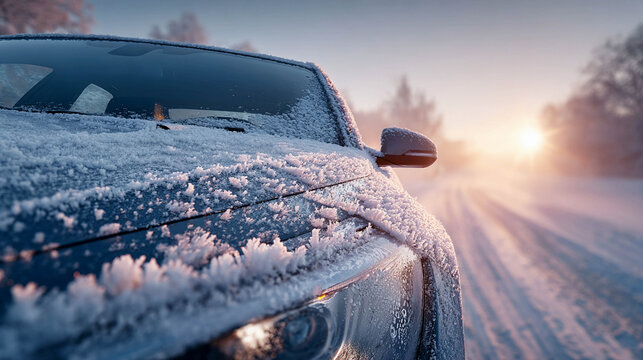 A car covered in frost and snow, standing on a winter road. The background is blurred, including a winter forest illuminated by the rising or setting sun.
