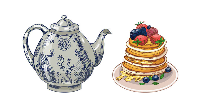Hand drawn vintage sketch of porcelain teapot and pancakes with berries and honey, isolated vector illustration - Powered by Adobe