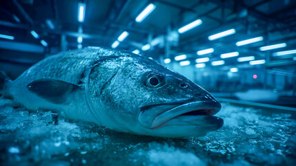 Close-up of fresh fish lying on ice in a processed room. The blue background highlights the industrial atmosphere.