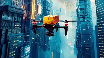 Autonomous drone delivering package in futuristic city with glowing skyscrapers showcasing modern delivery technology and urban innovation - Powered by Adobe