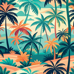 Tropical palm tree pattern with sunset colors and beach background.