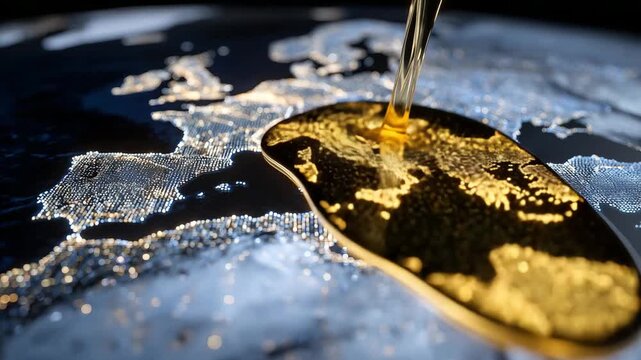 74Close-up of liquid oil cascading over a gleaming Bitcoin symbol on world map, highlighting economic interdependence of energy and finance sectors