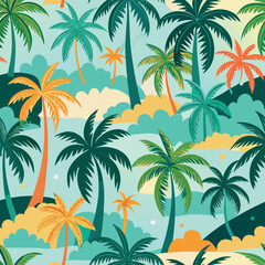 Tropical palm tree pattern with sunset colors and beach background.