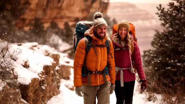 man in orange puffer jacket with blue backpack in snowy landscapewoman in pink jacket and orange backpack on snowy mountain trail.