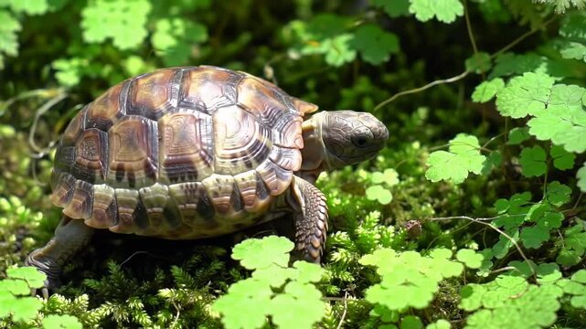 Small patterned tortoise crawls over bright green moss and small clovers in a natural setting