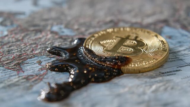 76Golden Bitcoin covered in a stream of dark oil against a textured world map background, representing volatility in digital and energy markets